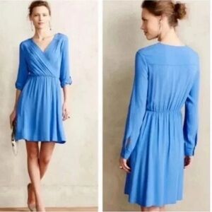 Anthropologie Maeve Lene Crepe Faux Wrap Dress Pockets Blue Roll Tab Sleeve M
